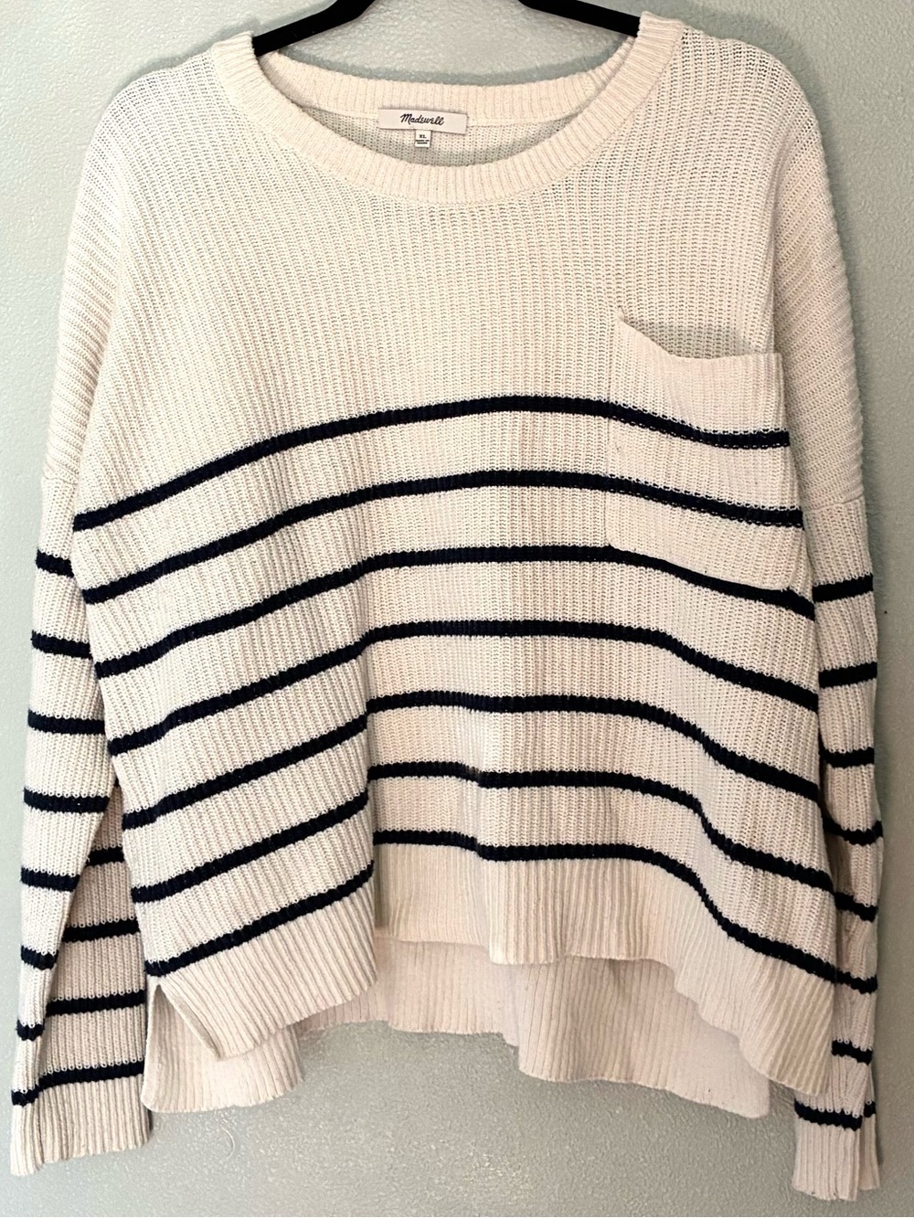 Madewell Cream Navy Stripe Chunky Knit Sweater Pocket XL